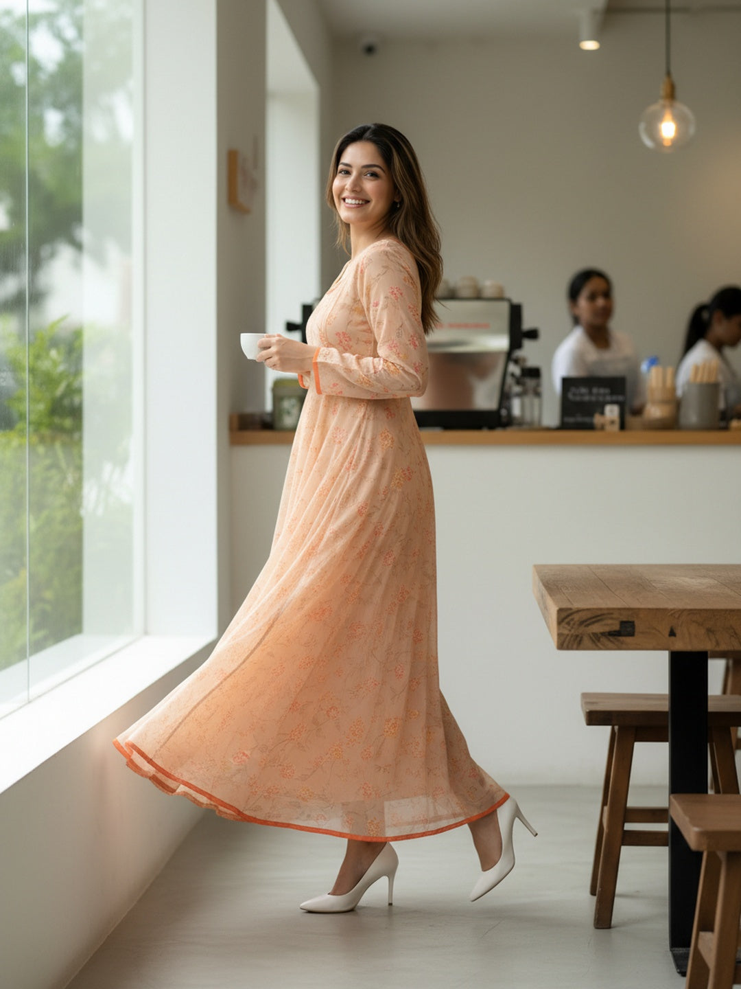 Women Beige Floral Chiffon Dress