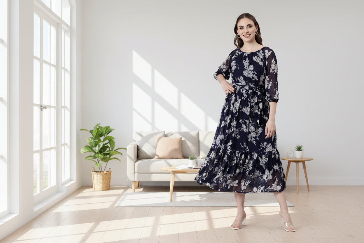 Women Bloom Navy Chiffon Dress