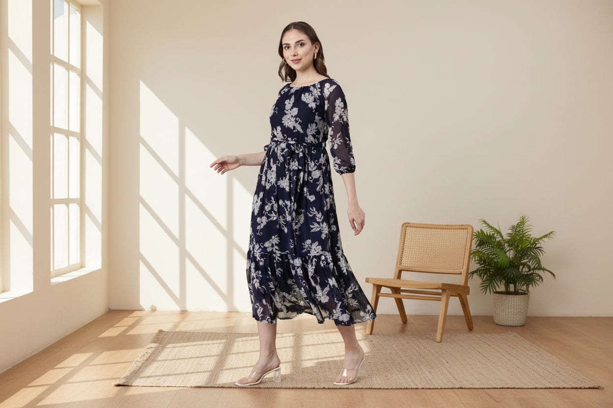 Women Bloom Navy Chiffon Dress