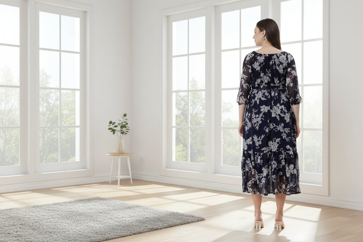 Women Bloom Navy Chiffon Dress