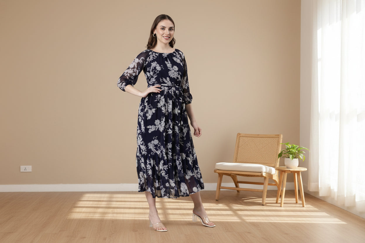 Women Bloom Navy Chiffon Dress
