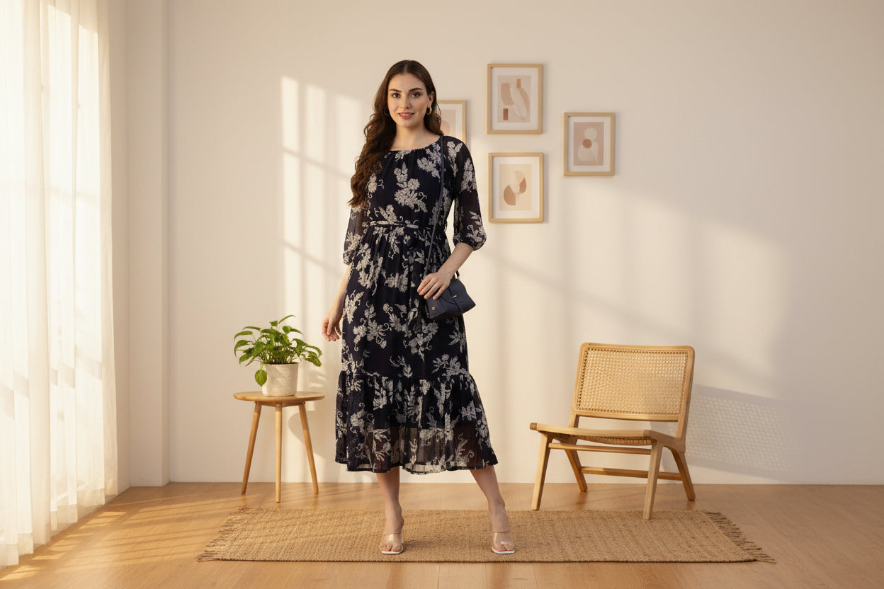 Women Bloom Navy Chiffon Dress
