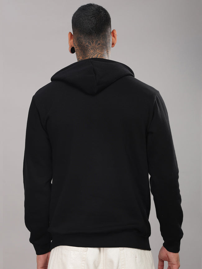 Men Black Cotton Fleece Printed Hoodie