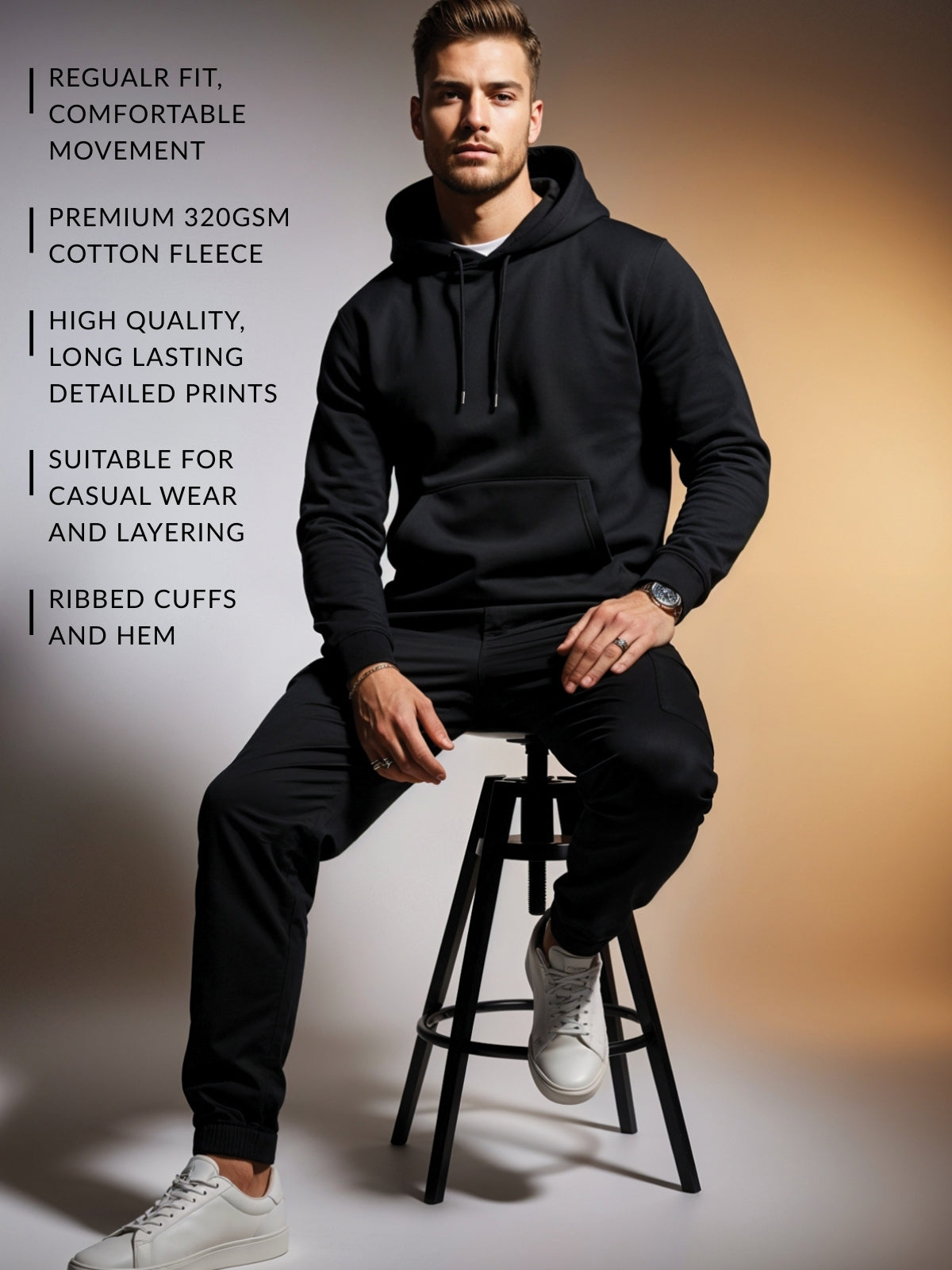 Men Black Cotton Fleece Hoodie