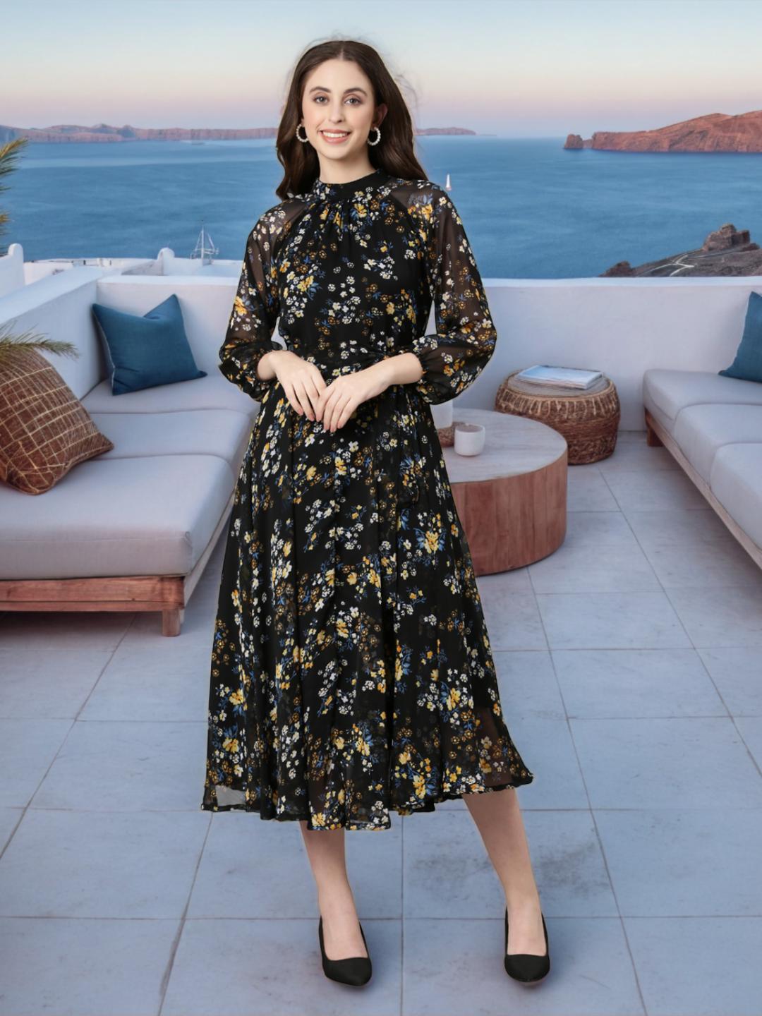 Women Black Floral Chiffon Dress