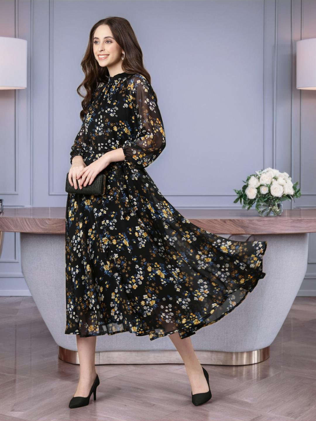 Women Black Floral Chiffon Dress