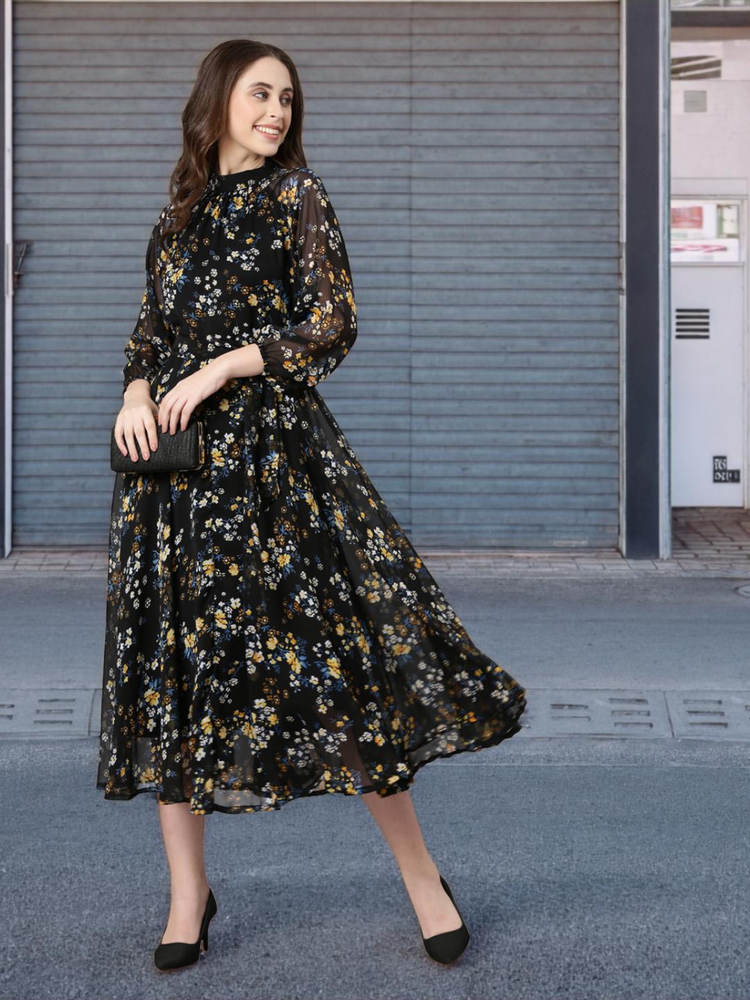 Women Black Floral Chiffon Dress