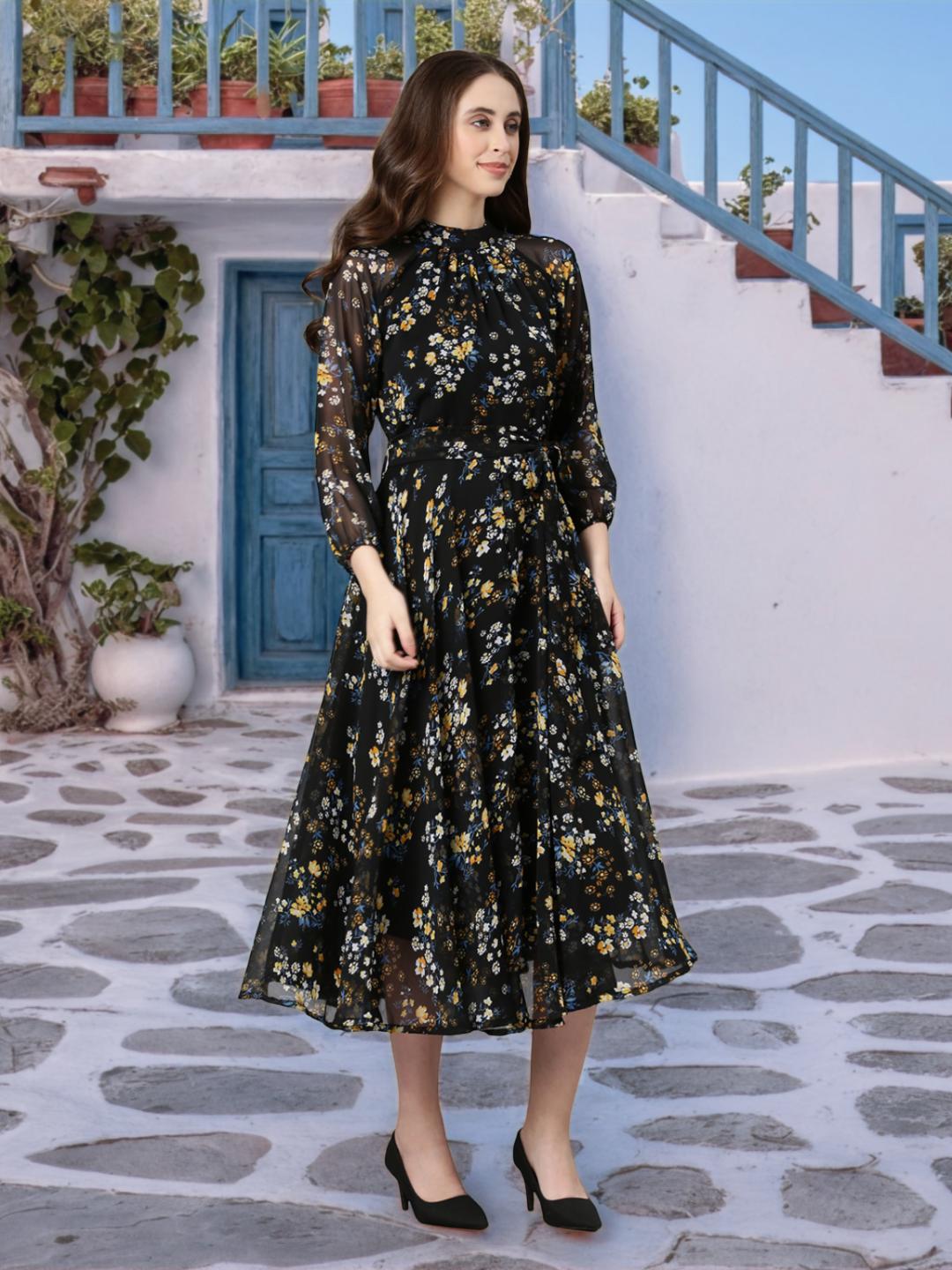 Women Black Floral Chiffon Dress