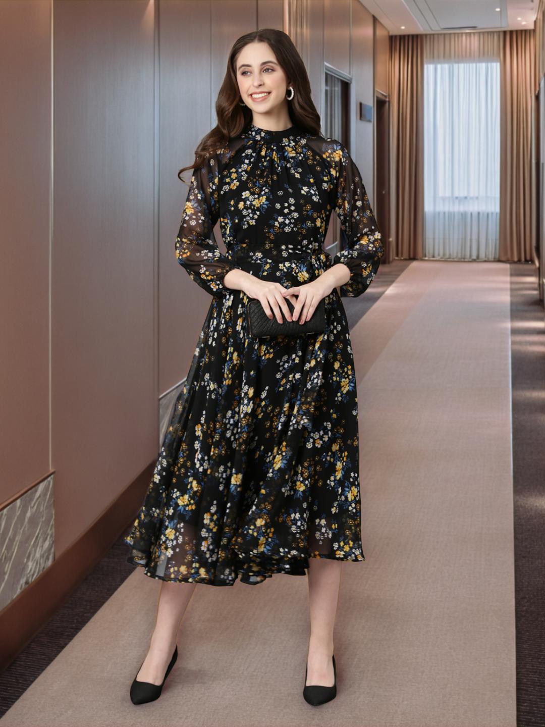 Women Black Floral Chiffon Dress