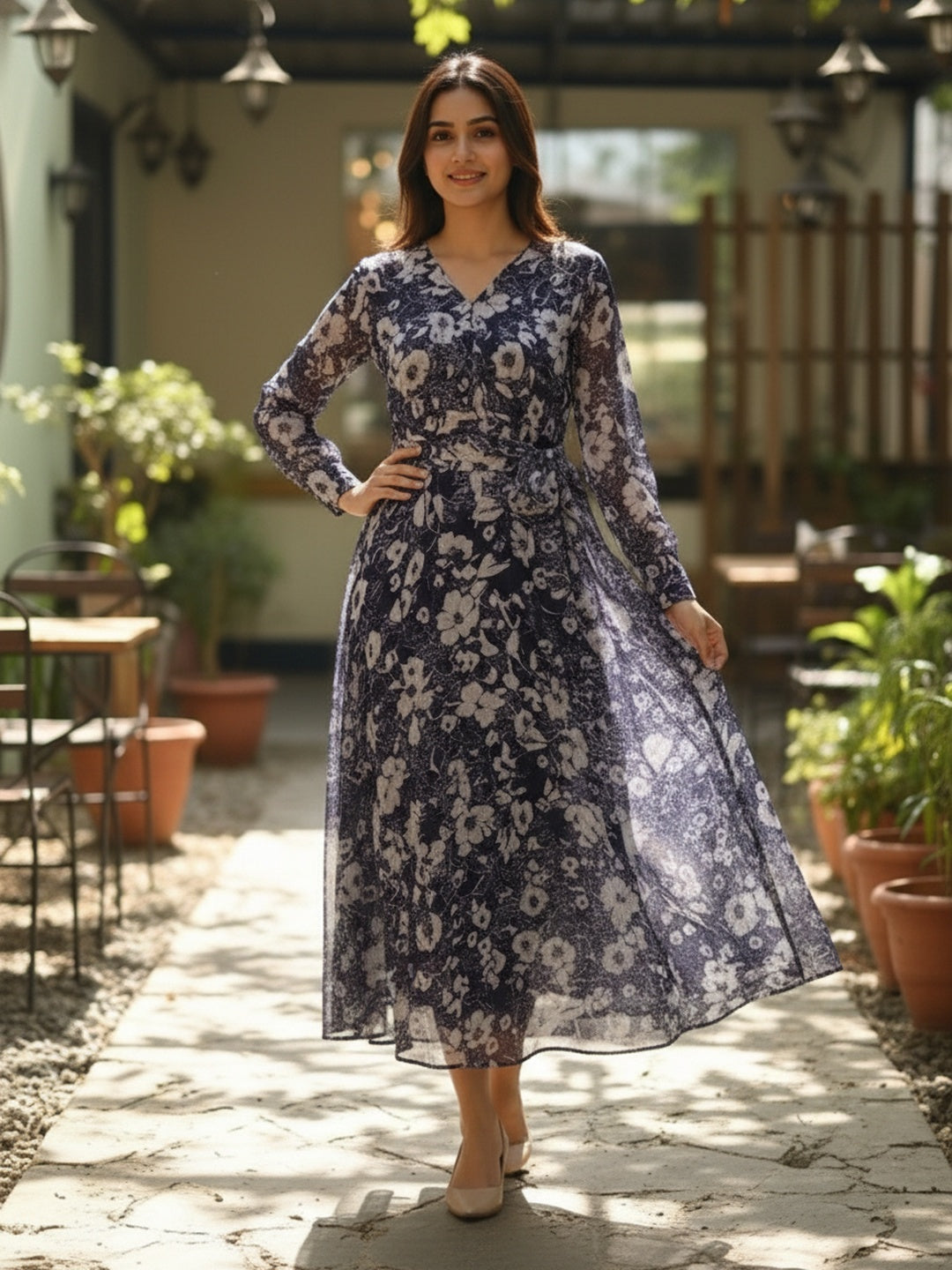 Women Blue Floral Chiffon Dress