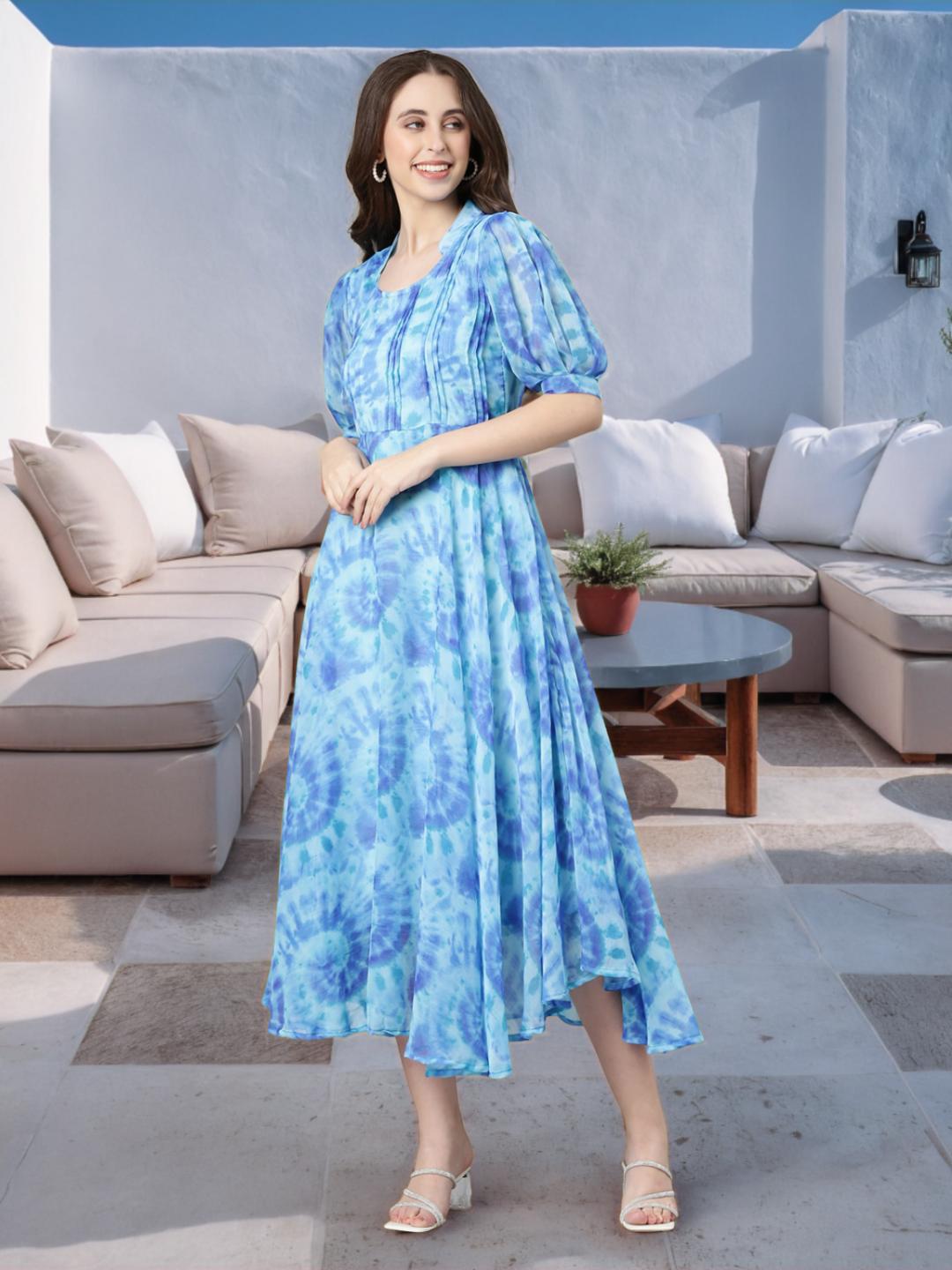 Women Blue Floral Chiffon Dress