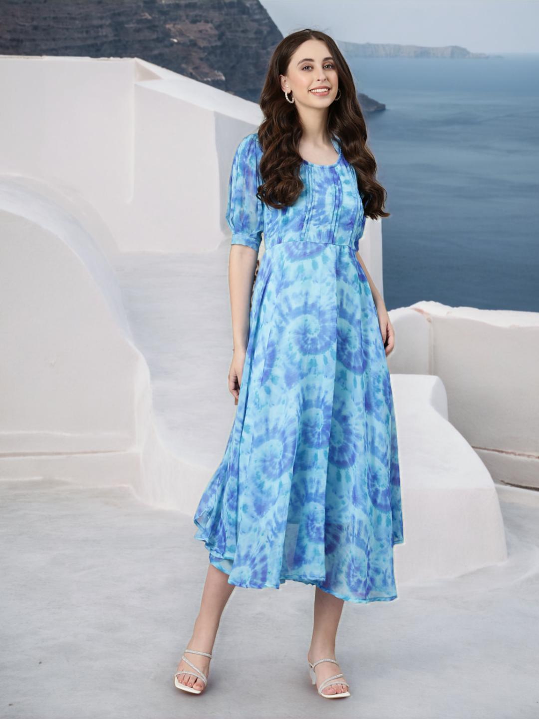 Women Blue Floral Chiffon Dress
