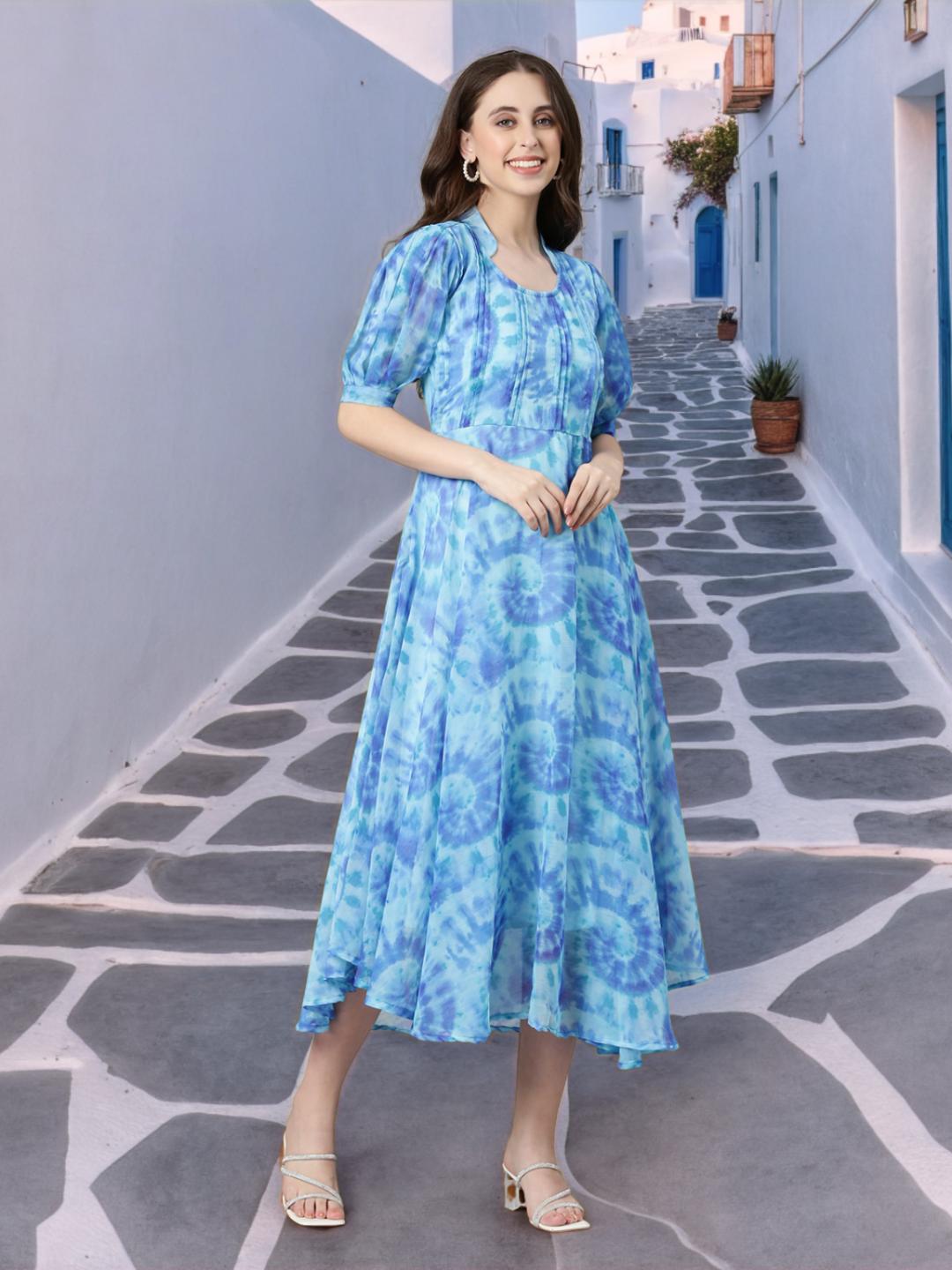 Women Blue Floral Chiffon Dress