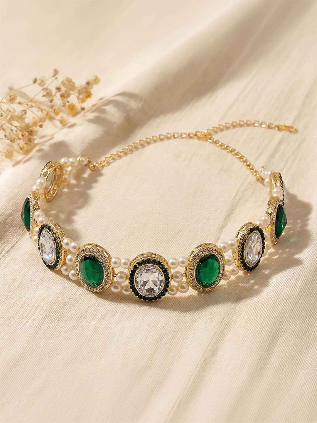 Women Green Hair Band With Pearls And Crystals