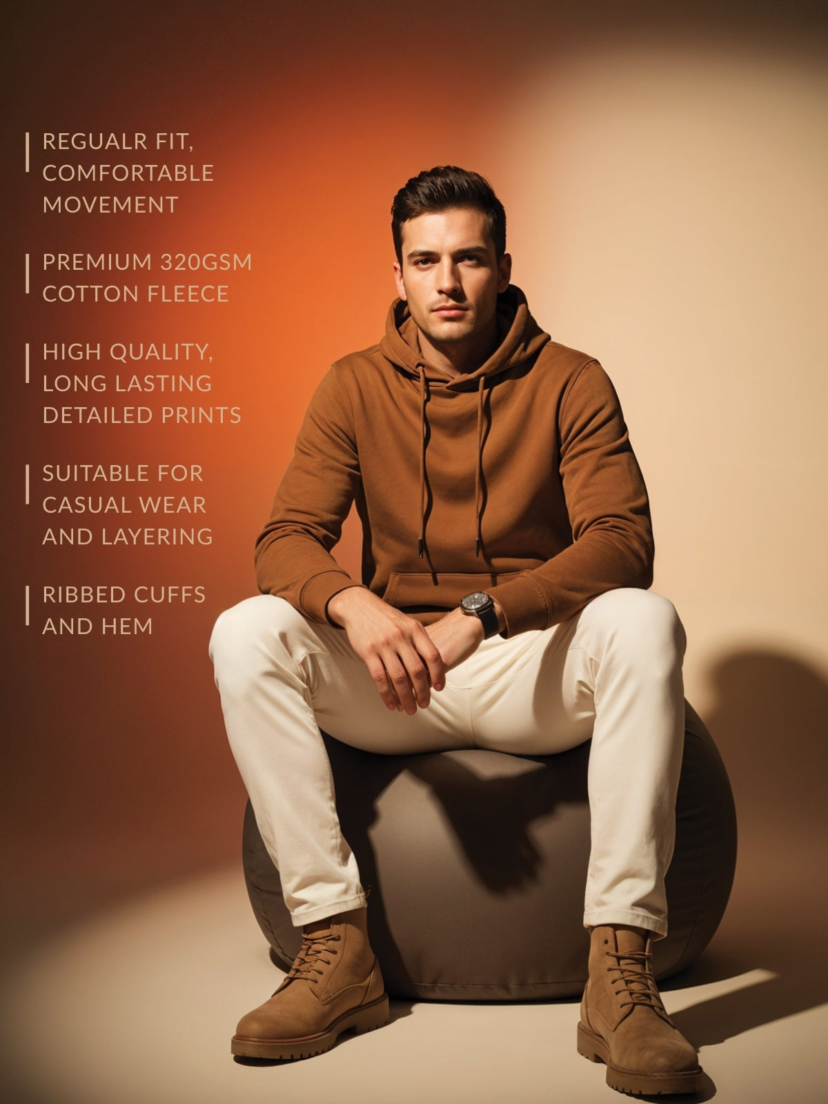 Men Brown Cotton Fleece Hoodie