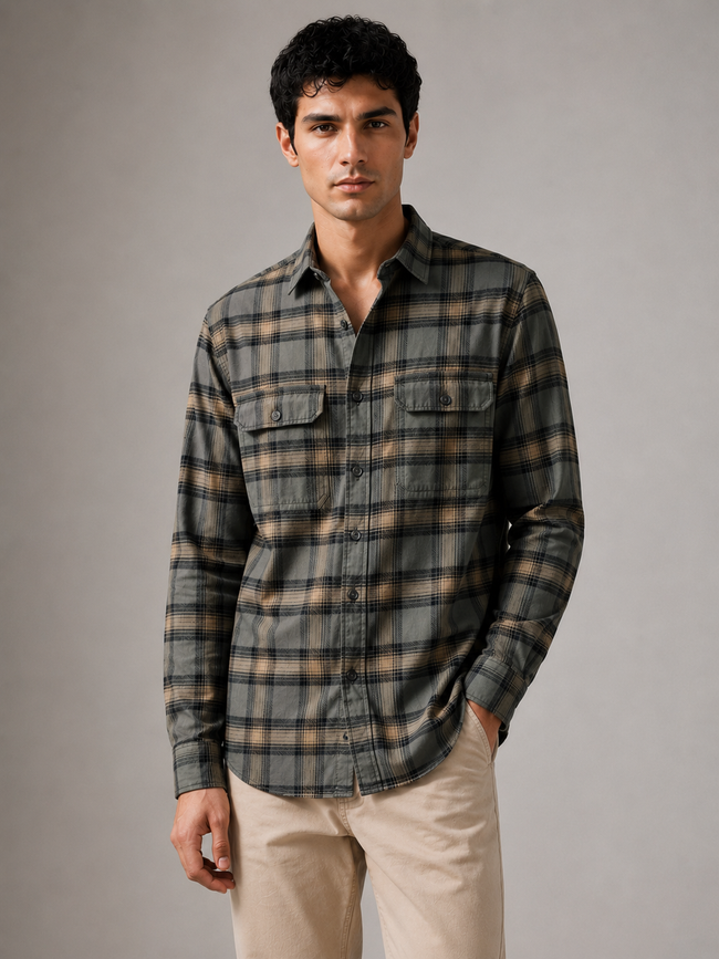 Men Vintage Green Plaid Shirt