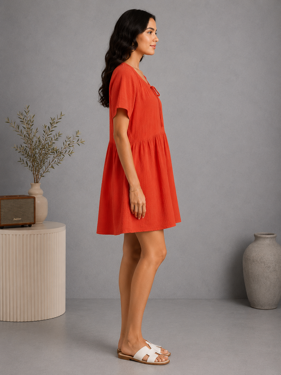 Women Orange Tie-Neck Relaxed Dress