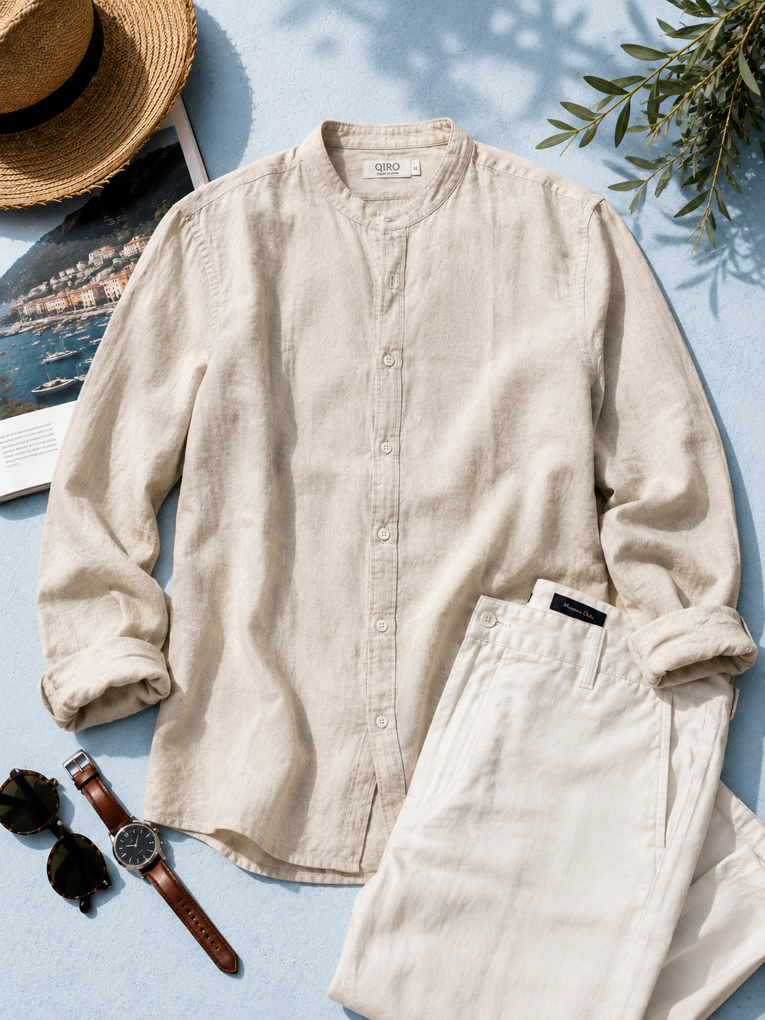 Men Beige Linen Band Collar Shirt