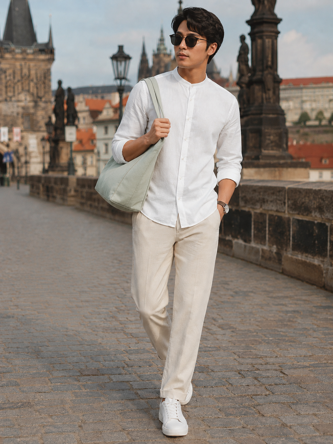 Men White Linen Band Collar Shirt