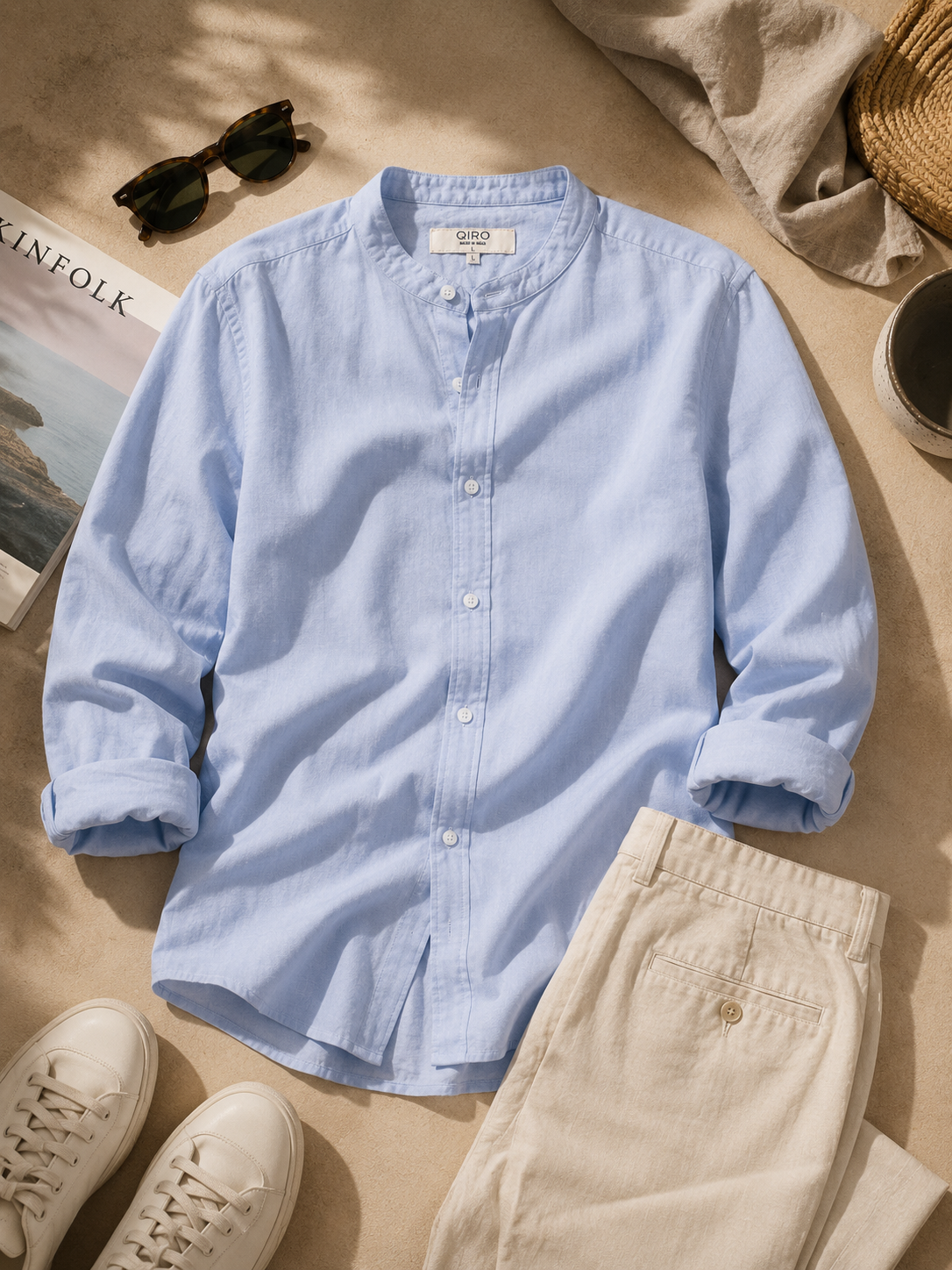 Men Light Blue Linen Band Collar Shirt