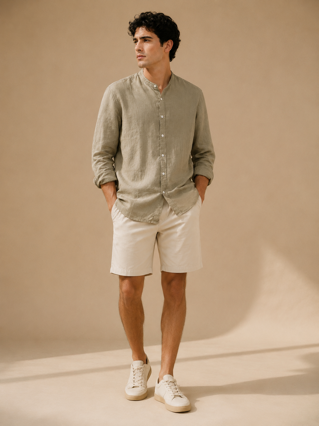 Men Khaki Linen Band Collar Shirt