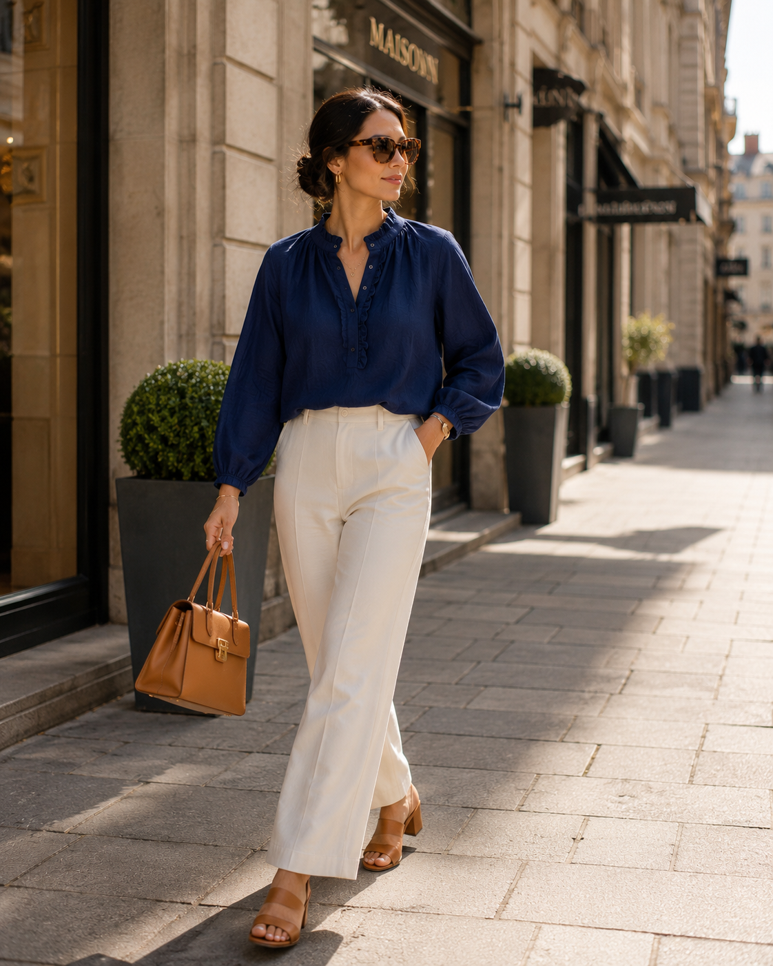 Women Navy Frilled Double Gauze Top