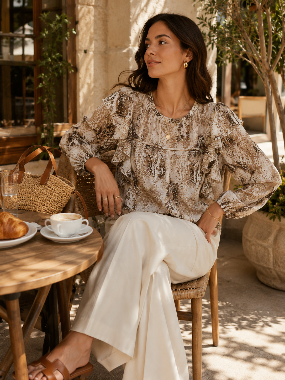 Women Brown Printed Frill Top