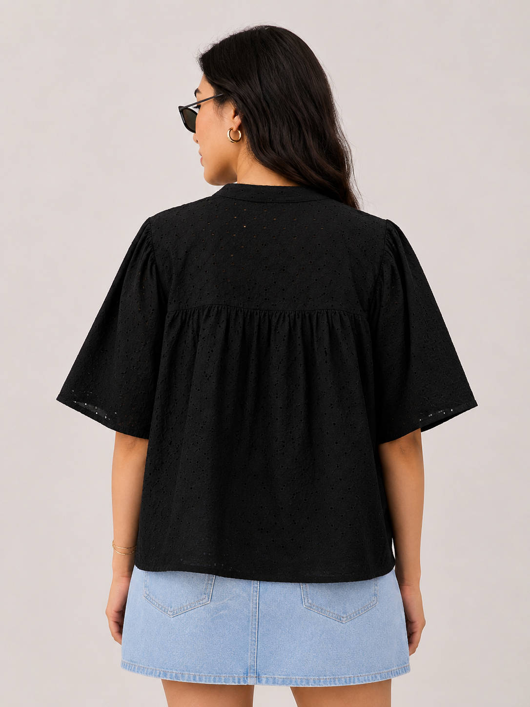 Women Black Broderie Flutter Sleeve Top