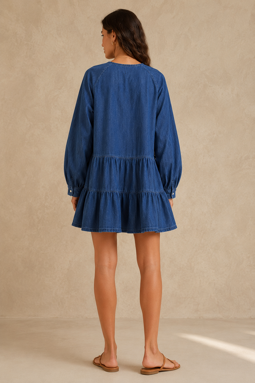 Women Blue Tie-Neck Tiered Dress
