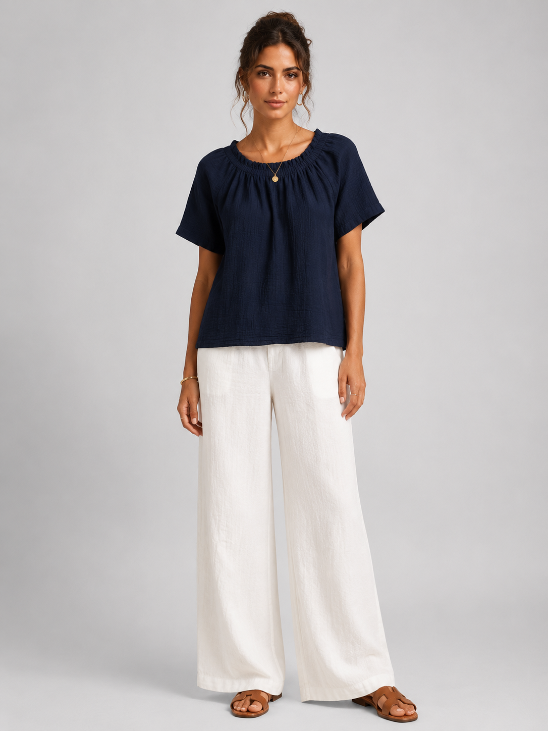 Women Navy Gathered Neck Top
