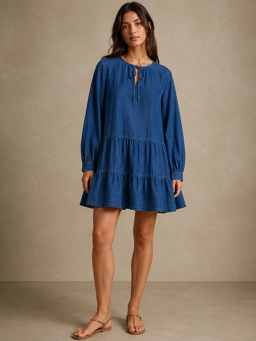 Women Blue Tie-Neck Tiered Dress