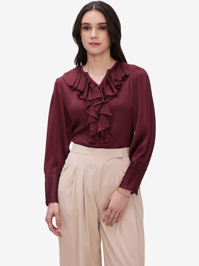 Women Maroon Ruffle Top