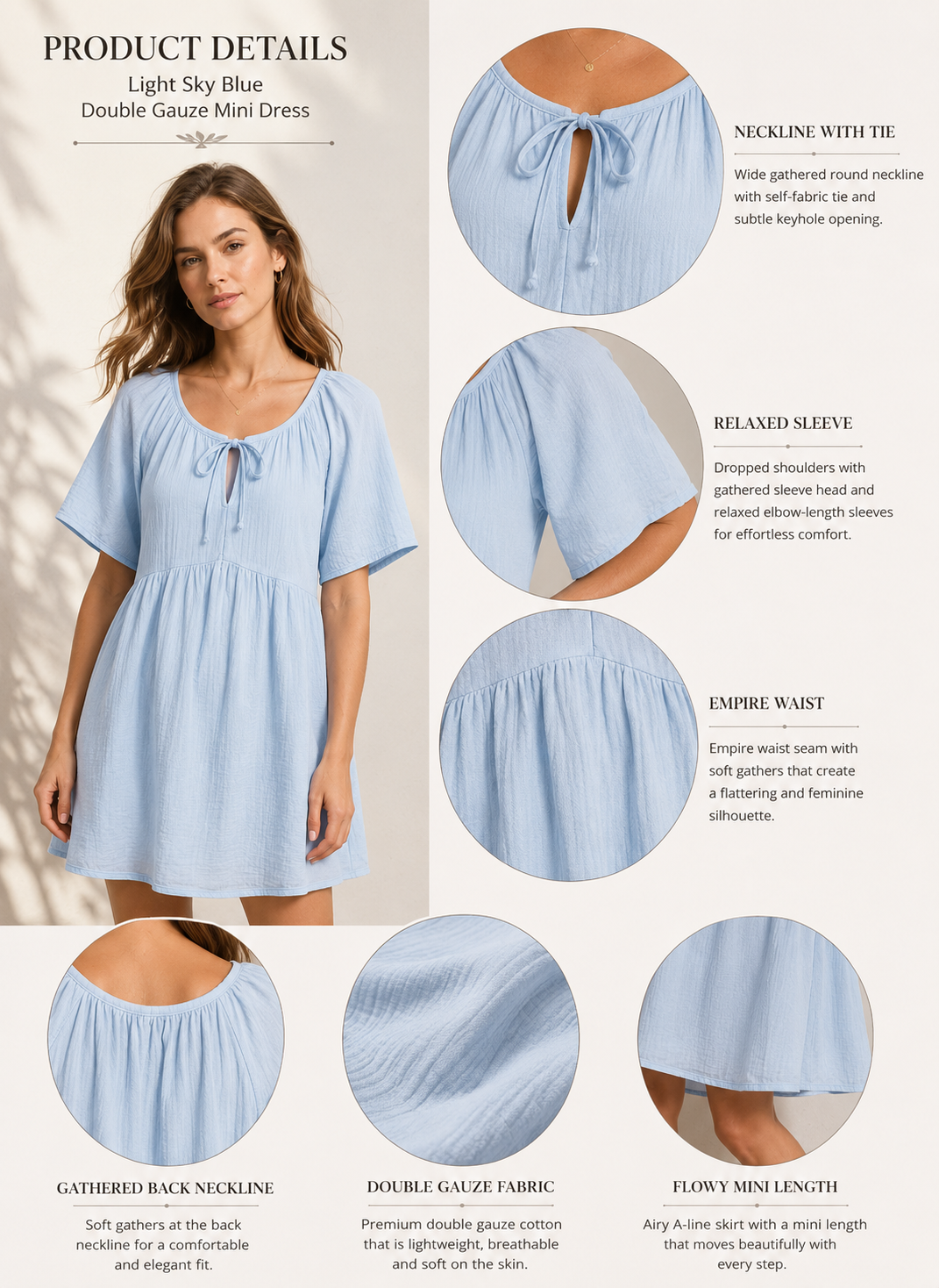 Women Blue Tie-Neck Relaxed Dress