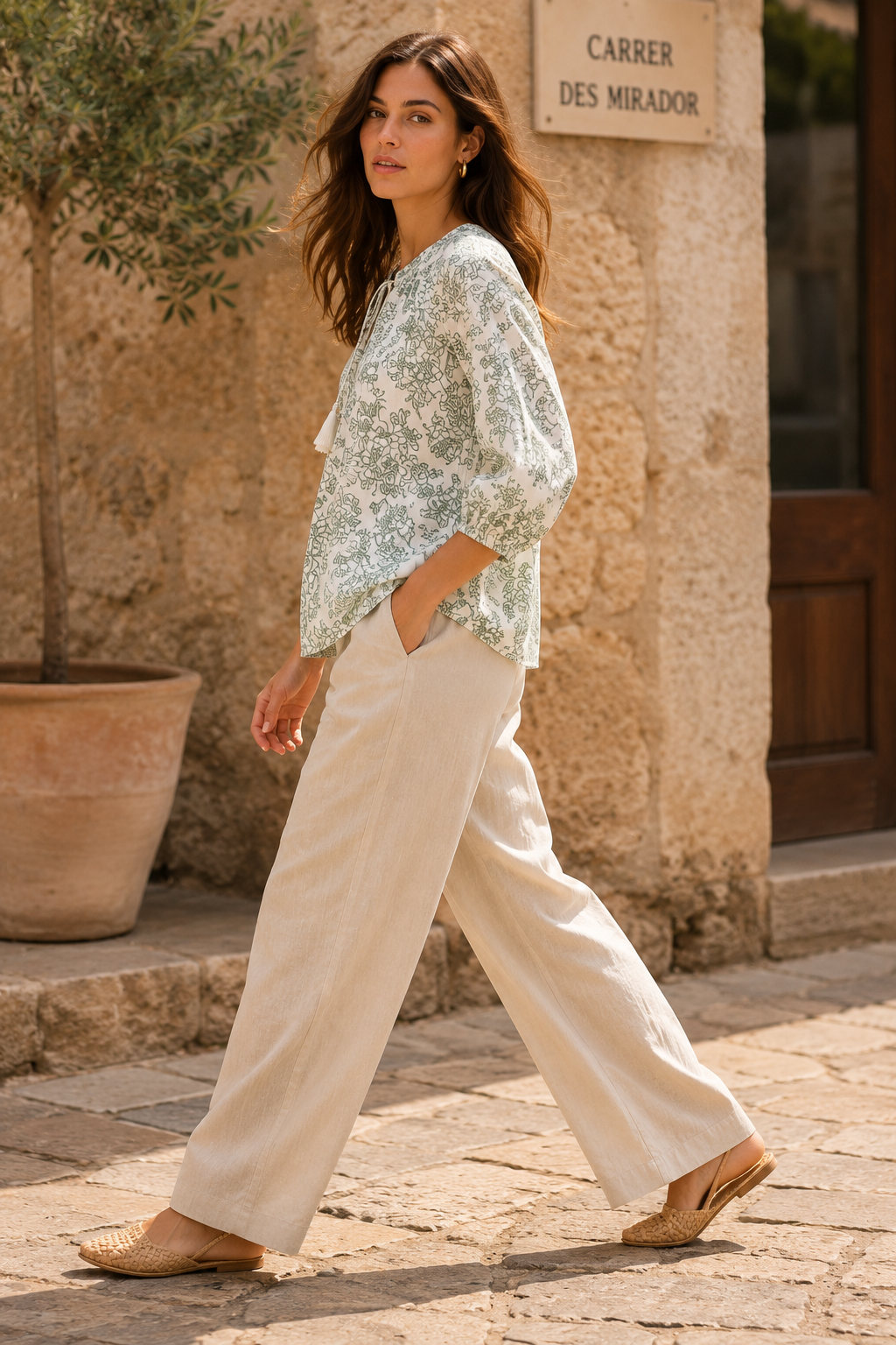 Women Floral Tie-Neck Top In Sage