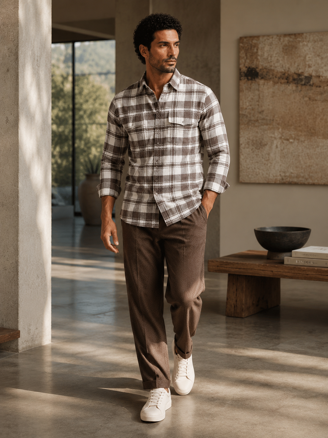 Men Brown Urban Plaid Shirt