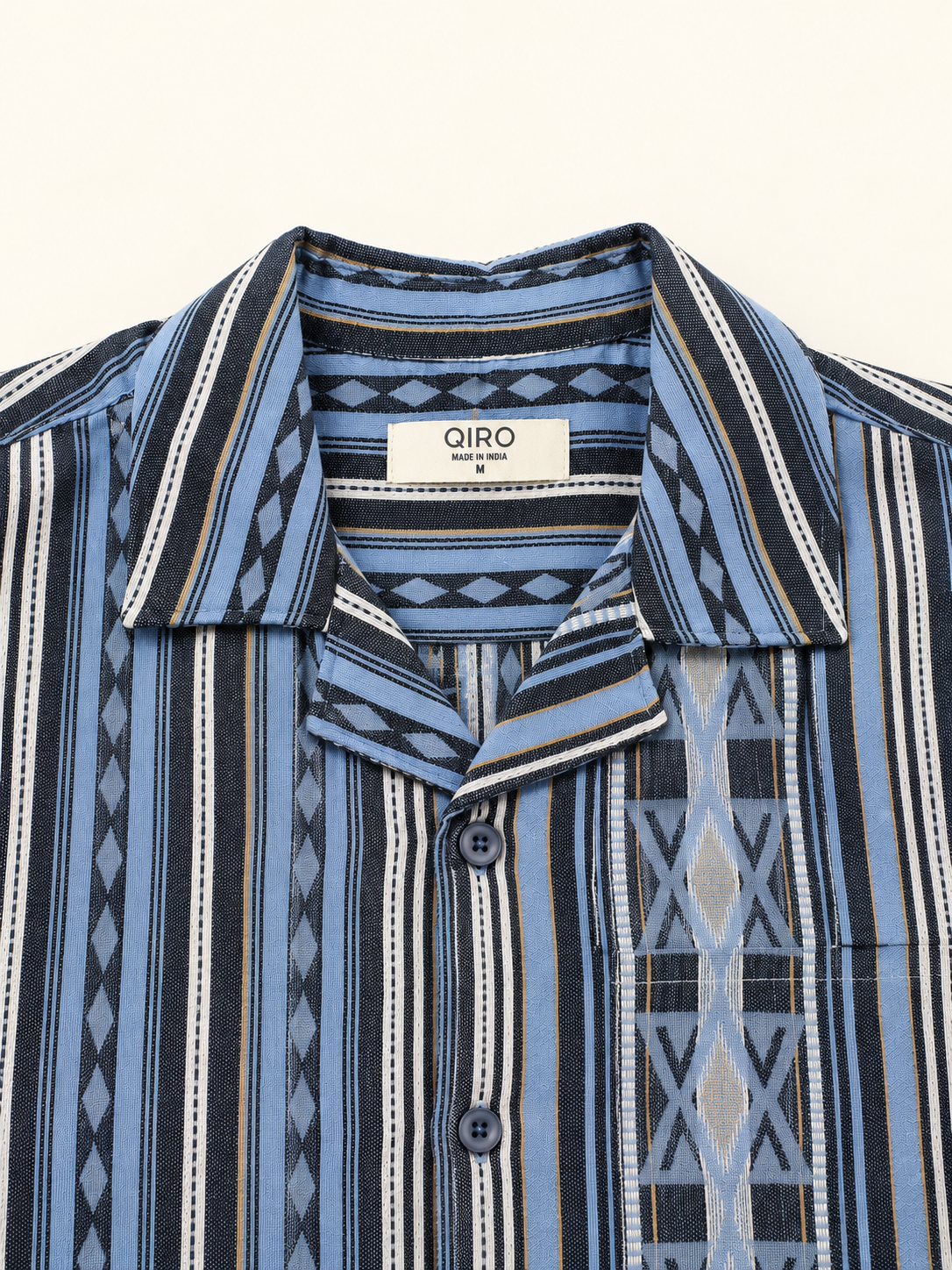 Men Blue Asymmetric Stripe Cuban Collar Shirt