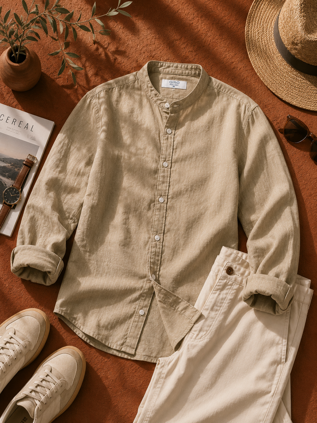 Men Khaki Linen Band Collar Shirt