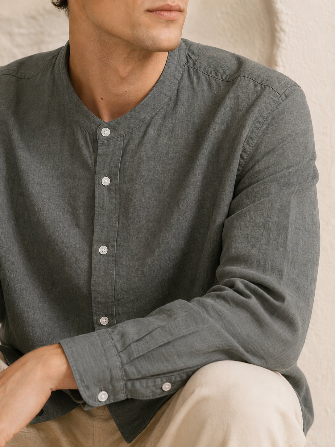 Men Olive Linen Band Collar Shirt