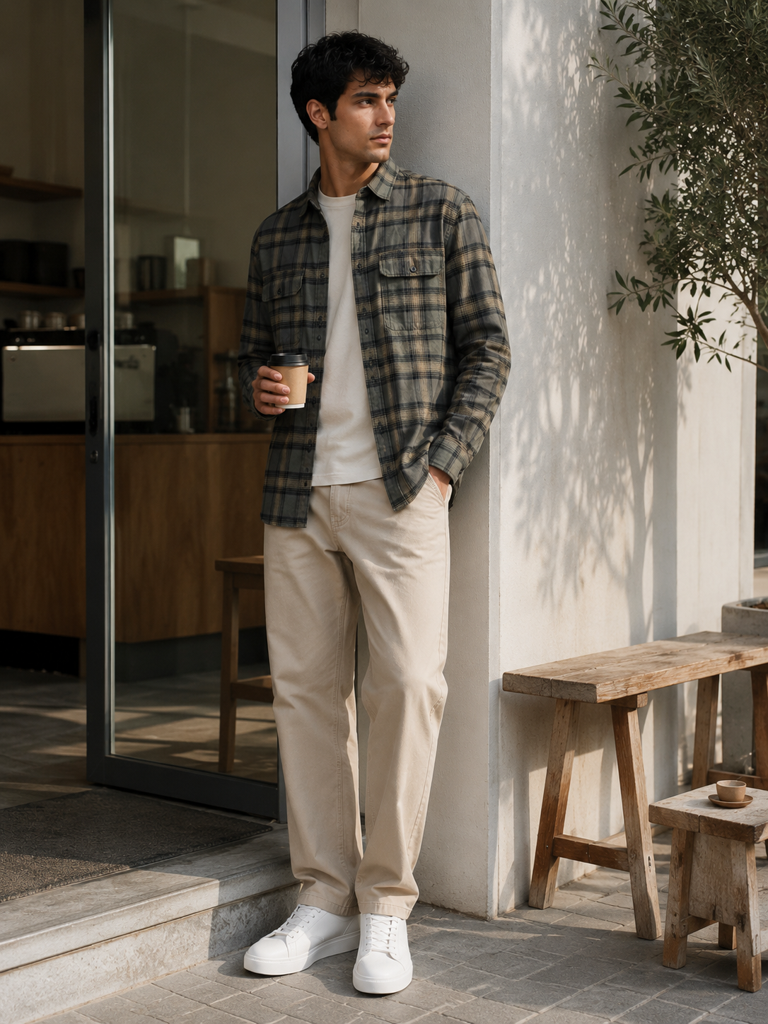 Men Vintage Green Plaid Shirt