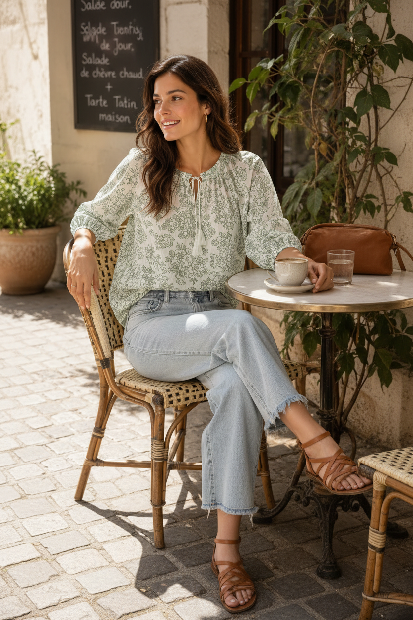 Women Floral Tie-Neck Top In Sage