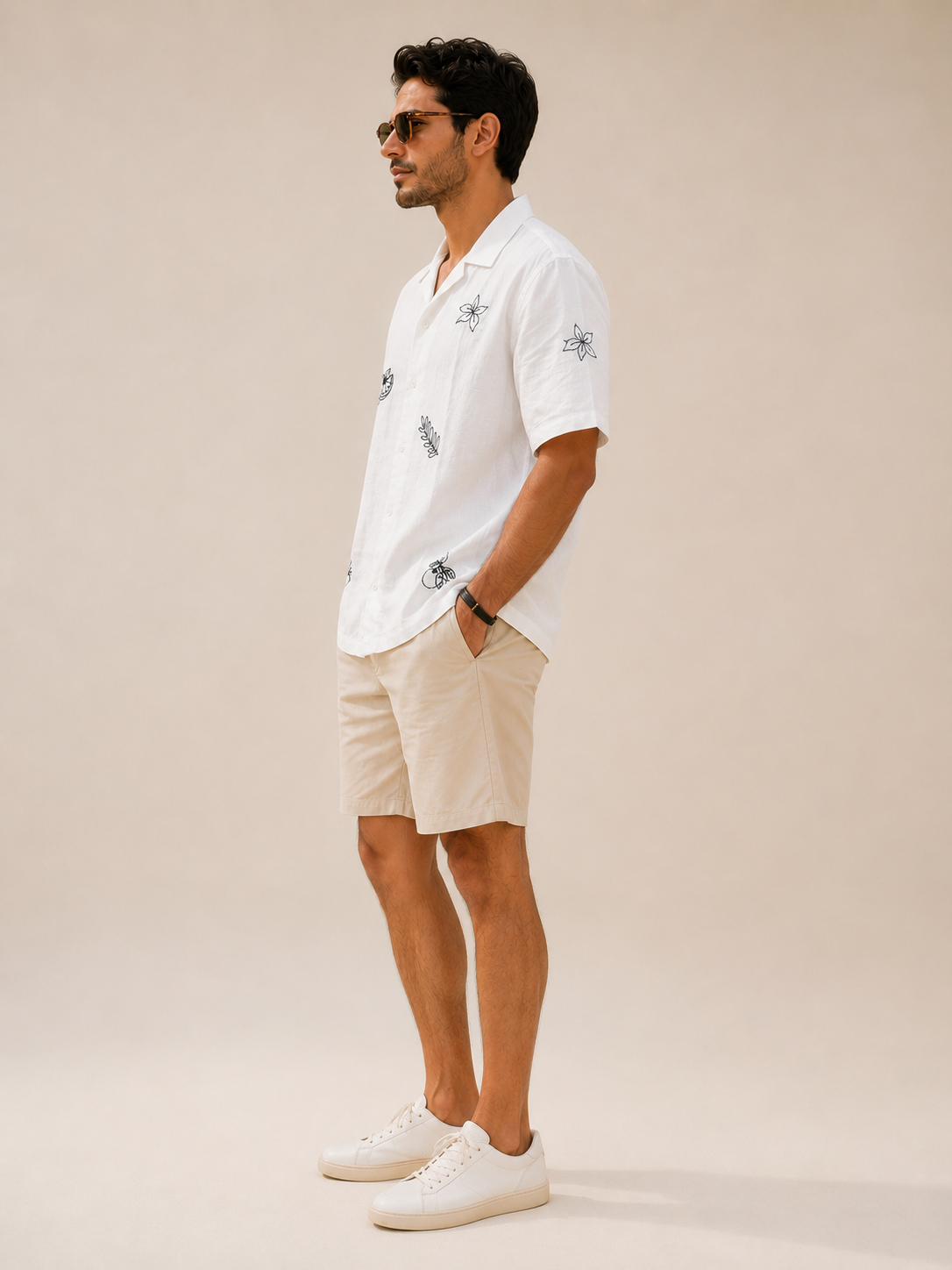 Men White Pure Linen Shirt with Botanical Embroidery