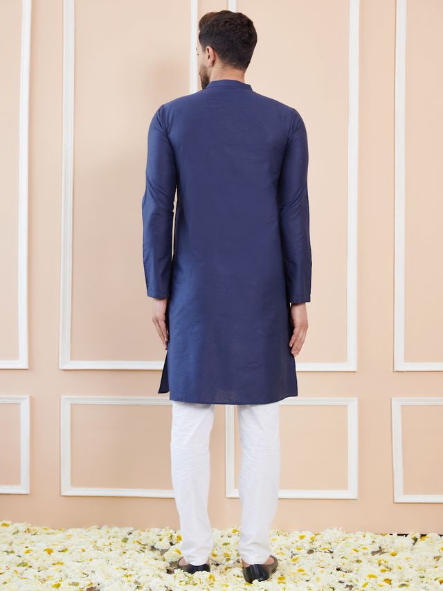 Men Blue Cotton Solid Straight Kurta