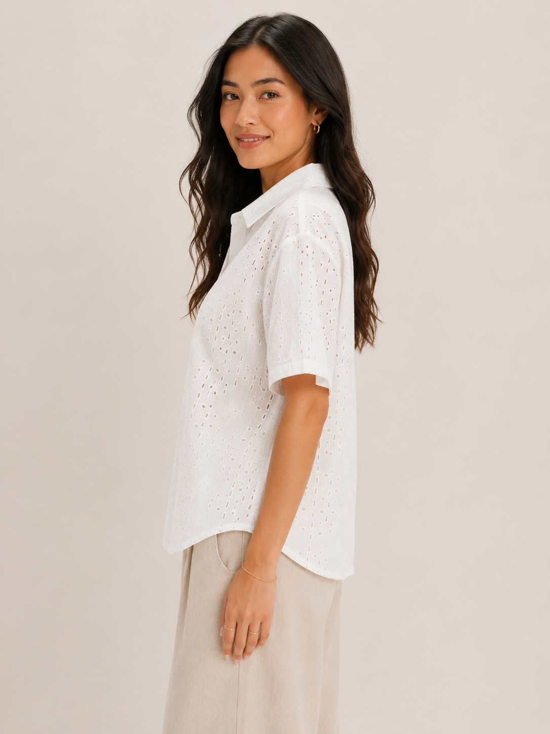 Women White Diamond Shiffli Boxy Shirt