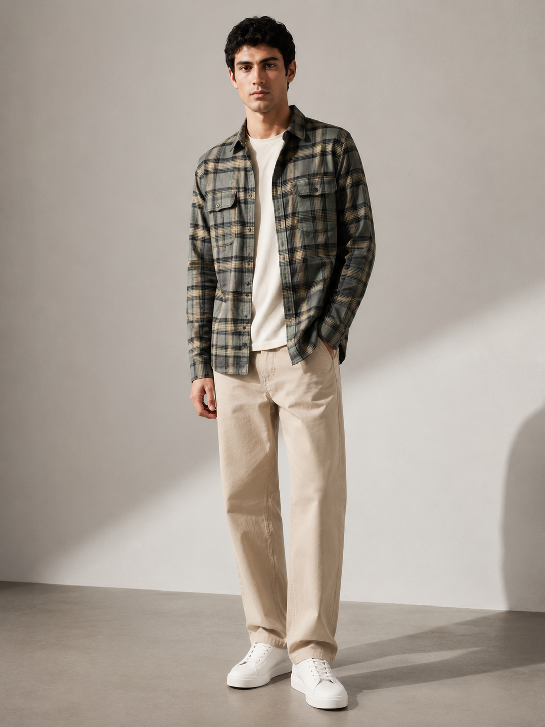 Men Vintage Green Plaid Shirt