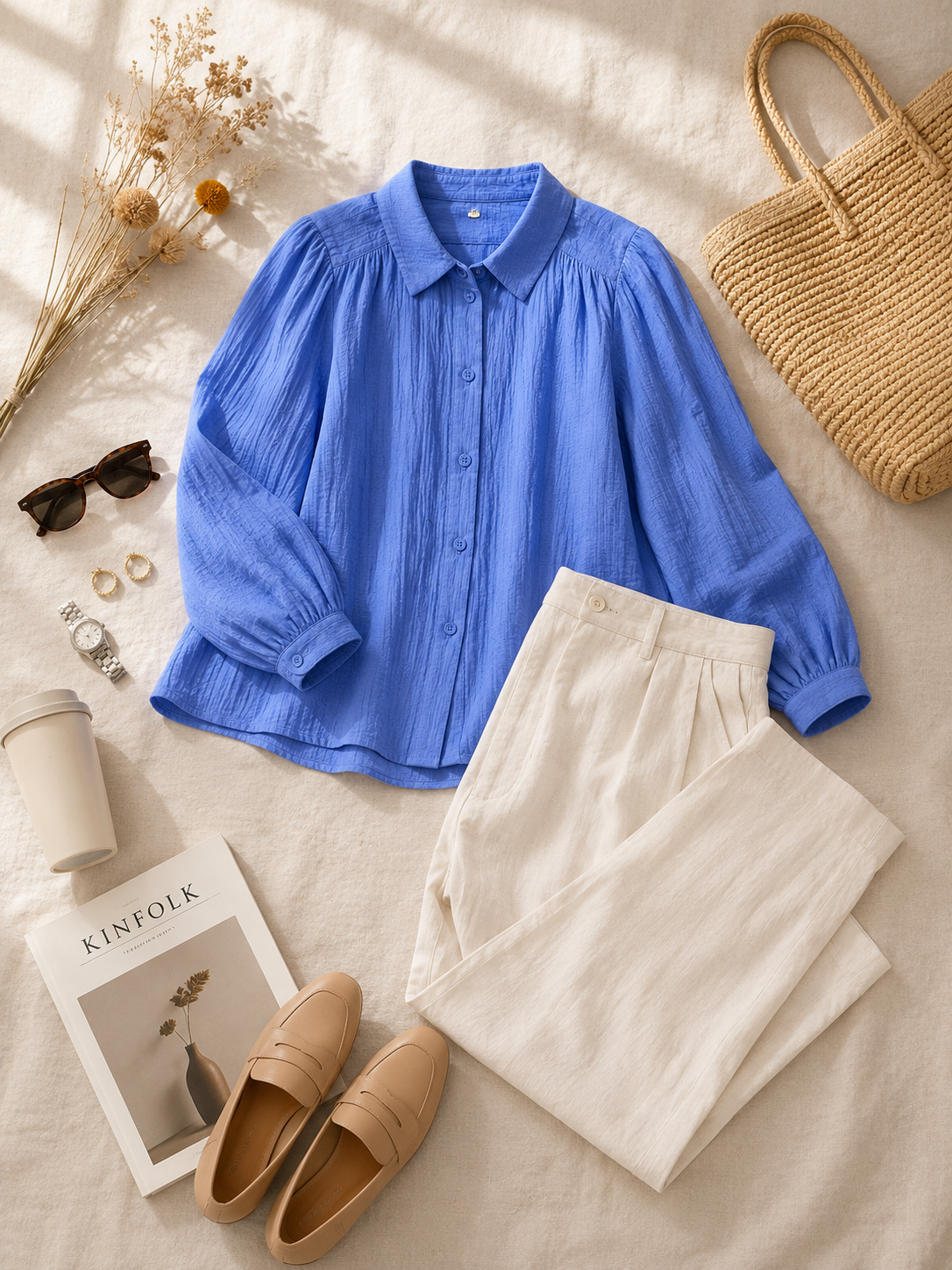 Women Blue Batwing Sleeve Shirt