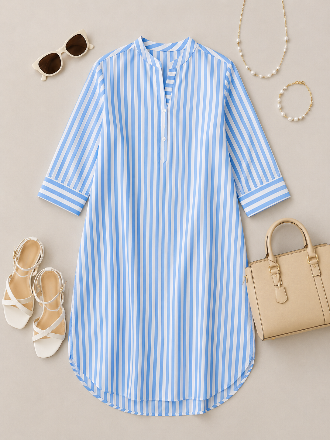 Women Sky Blue Vertical Stripe Shirt Dress