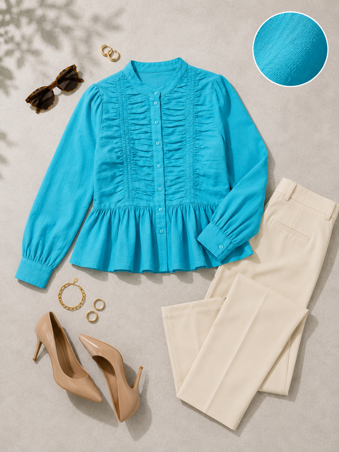Women Blue Ruffle Front Peplum Top