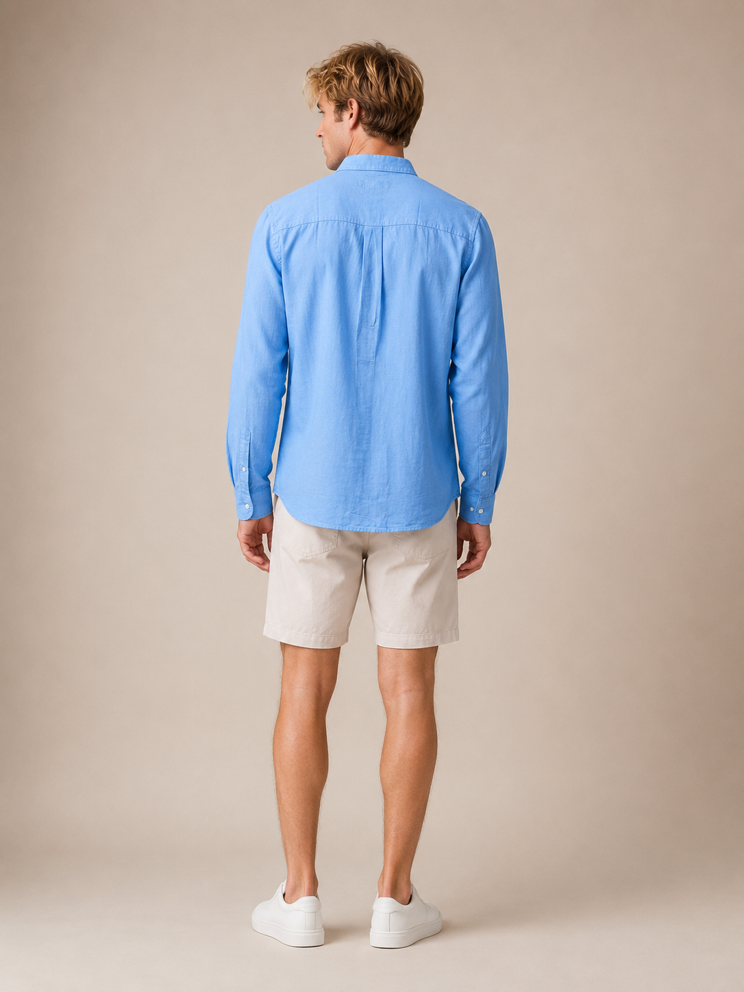 Men Blue Linen Band Collar Shirt