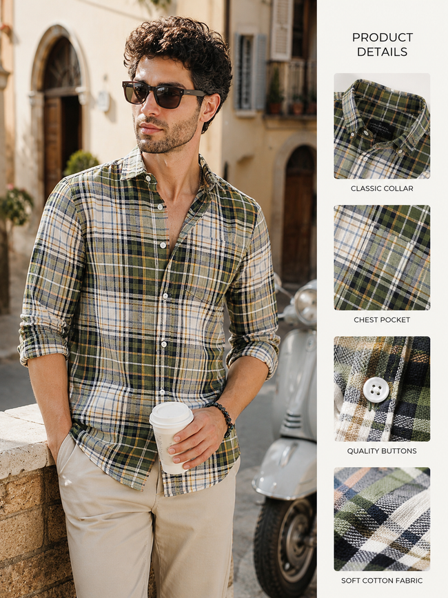 Men Olive Plaid Regular Fit Shirt