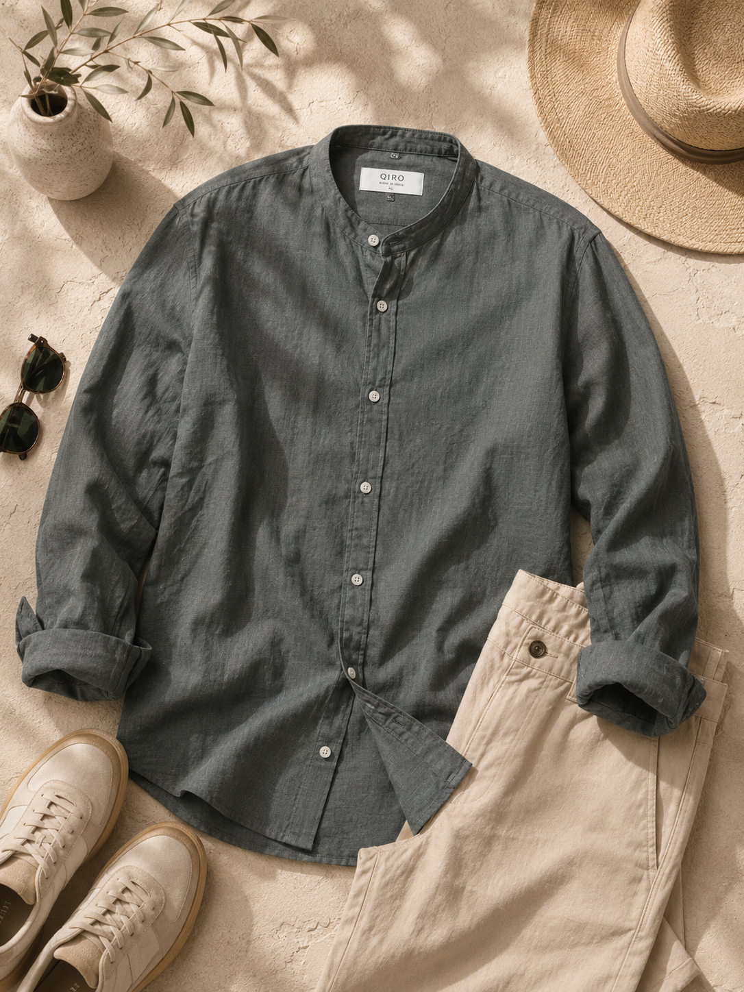 Men Olive Linen Band Collar Shirt